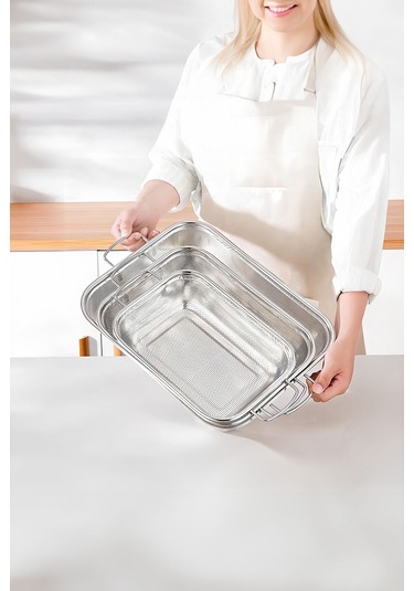 Olla Gümüş Paslanmaz Çelik Kevgir Karıştırma Kasesi Salata Makarna Sebze Meyve Süzgeç 35x27 Cm Gümüş