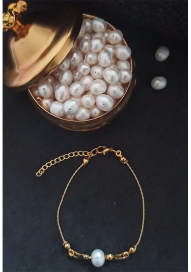 24k Altın Kaplama Tek İnci Zarif Tektanem Bileklik Beyaz Tek Ebat