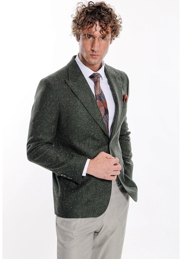 Kazayağı Desenli Yün Yeşil Erkek Ceket Taba