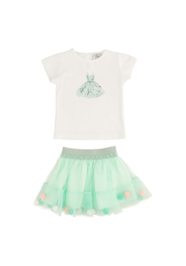 Baskılı Body Ponponlu Tüllü Etek Takım Mint Yeşili