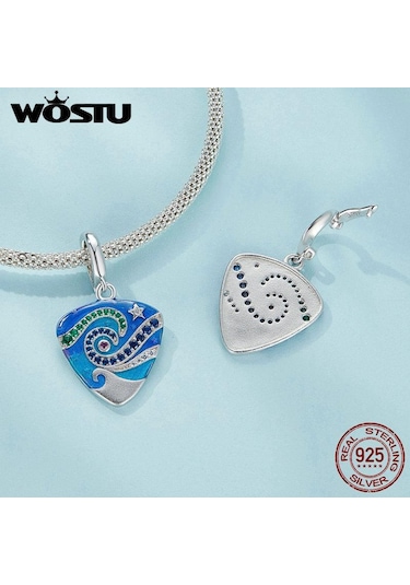 Wostu Müzik Hediyeler 925 Ayar Gümüş Gitar Mızrap Mavi Emaye Narin Charm Kolye Kadınlar Genç Kızlar İçin Gümüş