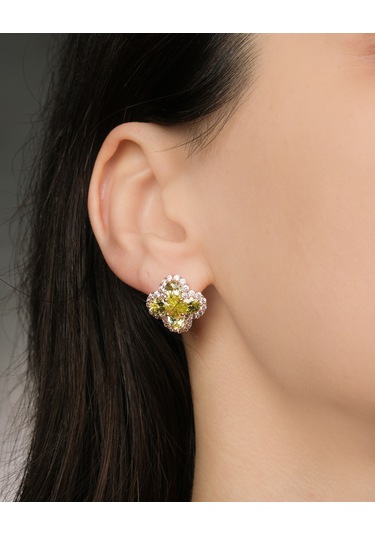 Lekka Design Kadın Kararmaz Çelik Lüks Takı Yeşil Zirkon Taşlı Yonca Küpe Altın