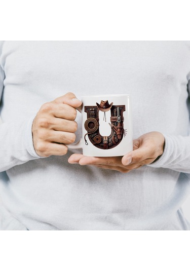 U Harfi Kovboy Temalı Bardak 330 Ml İsim / Harf Kişiye Özel Hediye - Vahşi Batı Konsept Beyaz