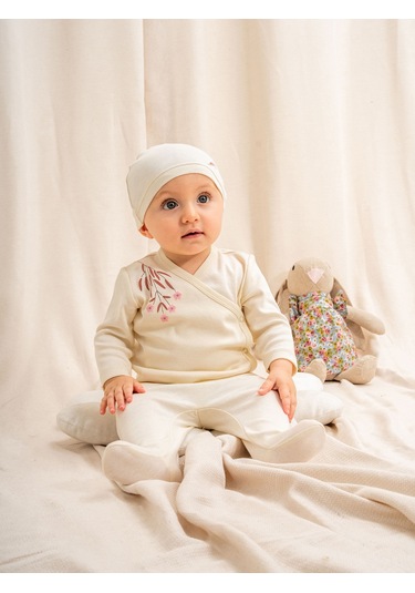 Kd43316.organik Sertifikalı Nakışlı Kız 3lü Takım 0-1/1-3/3-6/6-9ay Ekru