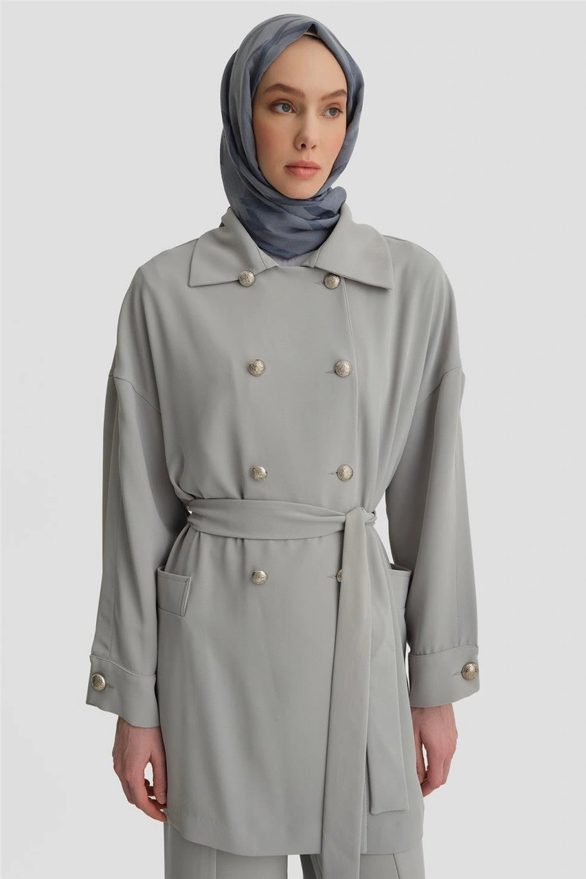 Armine Kol Yırtmaçlı Kruvaze Kap 25y7800 Gri Gri