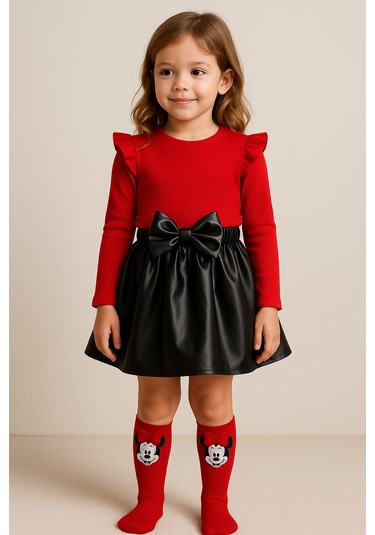 Deri Etek Badi, Diz Altı Çorap Takımı Kız Çocuk Takım Kırmızı