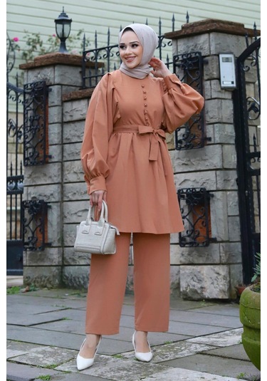 Düğme Detaylı Tesettür Camel Takım Camel