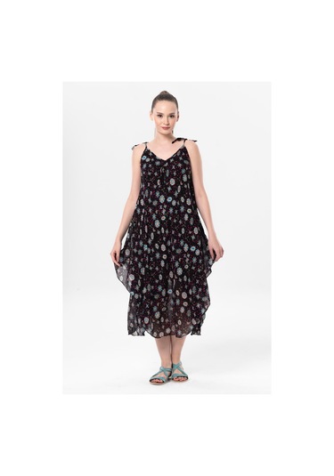 Askılı Vual Afrodit Midi Boy Yazlık Elbise Siyah 6200 - Kadın Siyah