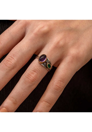 Blackcraft Gümüş Ametist Taşlı Zümrüt Otantik Ayarlanabilir Kadın Yüzük Bc-a62bb7 Renkli