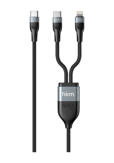 Duo Power 100W Çift Uçlu Type-C To Lightning + Type-C Şarj Kablosu Örgü Tasarım 1.2 Metre Siyah