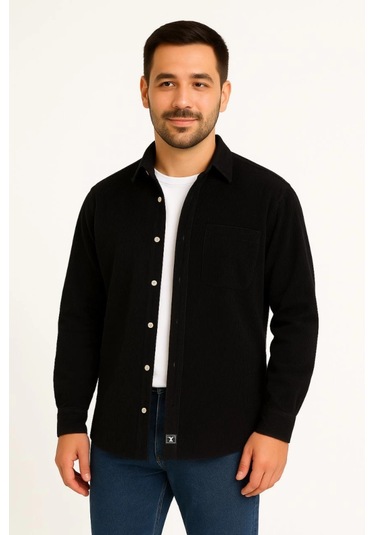 Erkek Fitilli Kadife Cepli Gömlek Oversize Rahat Kalıp - Siyah Siyah
