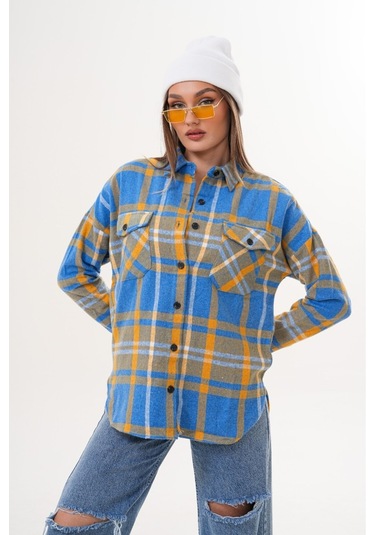 Kadın Desen Bloklu Oduncu Oversize Bol Ve Geniş Kalıp Casual Cepli Yakalı Ceket Gömlek Çok Renkli