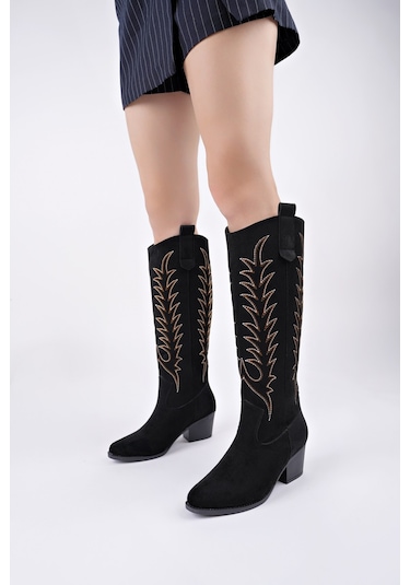 Muggo Texas Sivri Burun Nakışlı Kalın Topuklu Kadın Kovboy Western Çizme Sıyah Suet