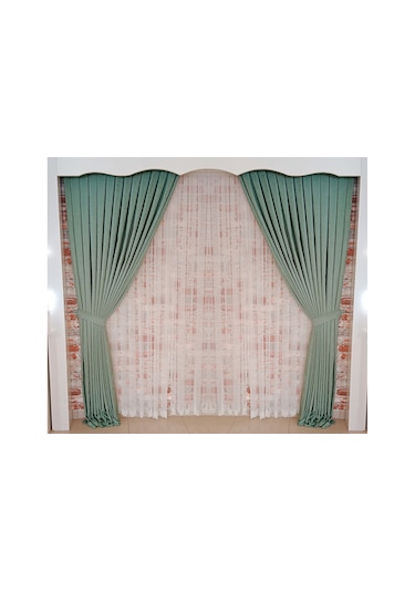 Bataklık Yeşil Renk Fon Kadife Perde Çift Kanat 1/3 Sık Pileli Dikim V-73 Yeşil - Beyaz