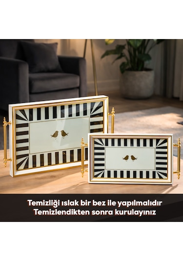 Porsima 4390 2'li Dekoratif Dikdörtgen Servis Tepsi Seti - Çay Ve Kahve Kahvaltılık Sunum Tepsisi Siyah