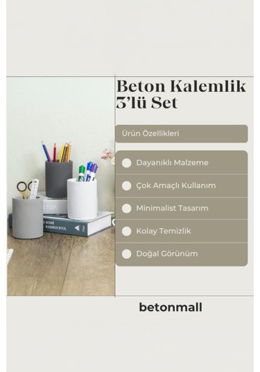 Dekoratif Beton Kalemlik 3 Lü Set Minimalist Organizer, Vazo, Saksı Ve Diş Fırçalık Çok Renkli