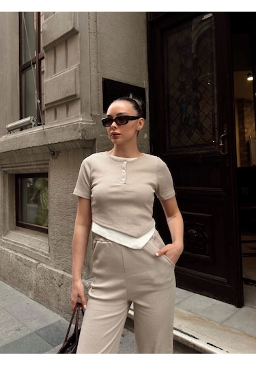 Düğme Yakalı Bej Alt Üst Takım S3943 Bej