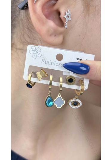 Çoklu Küpe, Sallantılı, Halka, Taşlı, Van, Göz, Paslanmaz Küpe 411 Altın Renk Altın