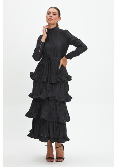 Kat Kat Fırfırlı Ve Bağcıklı Midi Boy Elbise - Günlük Ve Özel Günler İçin Modern Şıklık Bordo