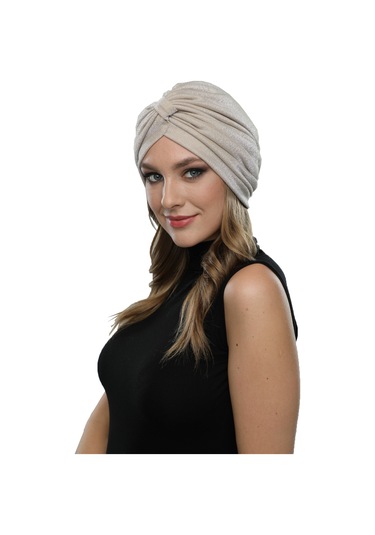 Simli Pike Çapraz Bantlı Astarlı Bej Hazır Türban Tesettür Bone Abiye