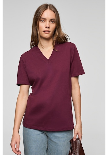 Grımelange Alıne Kadın %100 Organik Pamuk Derin V Yakalı Comfort Fit Bordo T-shirt Bordo