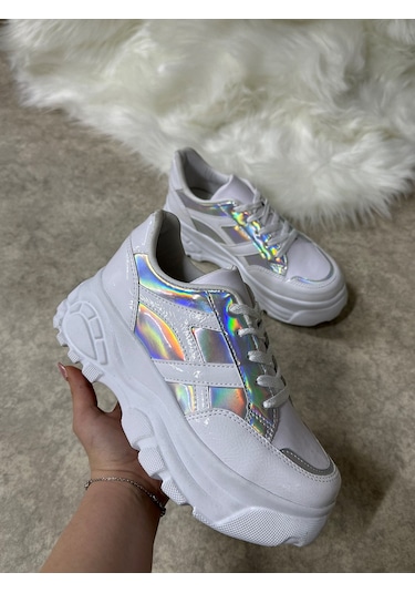 Günlük Kadın Sneaker Kalın Yüksek Taban Bağcıklı Rahat Tiger Şeritli Spor Ayakkabı 032 15 - Beyaz Rugan Holo