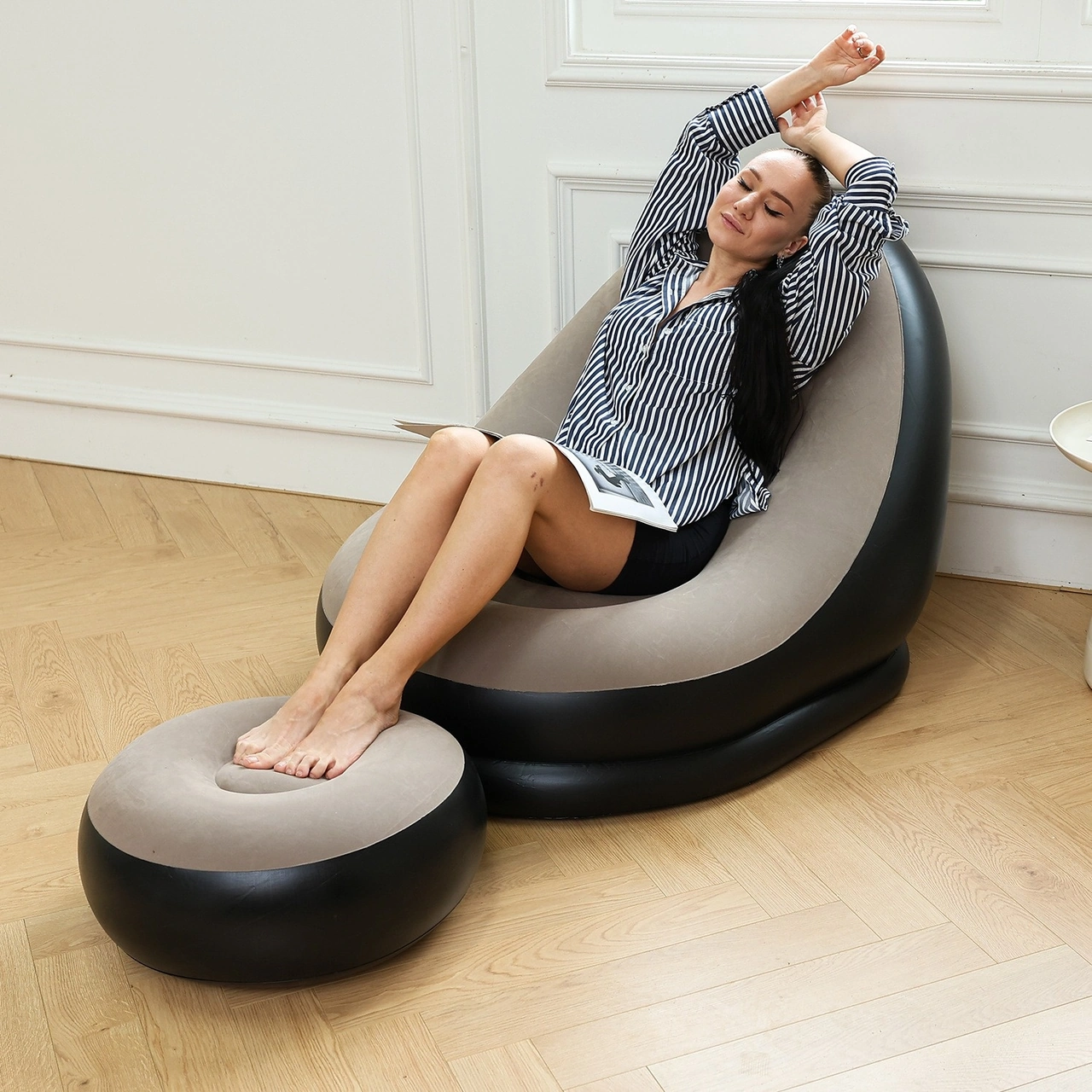 Şişme Lazım Koltuk Ayaklı Set Katlanır Peluş Pvc Salon Şezlong Seti Makaron Yeşili 116 98 83cm 1.8kg Yeşil