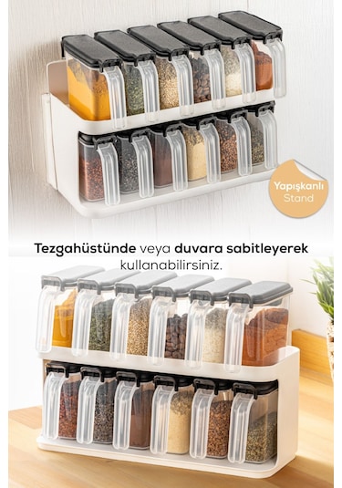 Vienev 12'li Beyaz Standlı Kaşıklı Etiketli Kendinden Yapışkanlı Baharatlık Seti Beyaz Beyaz