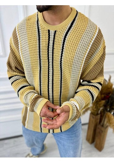 Kazak Oversize Renkli Örgü Desenli Naturel Pamuk Bol Kesim Salaş Triko Kazak Taba