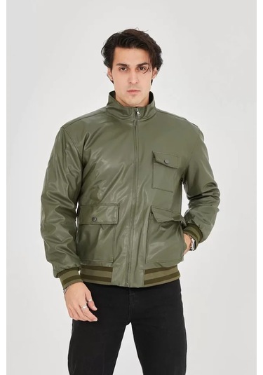 Erkek Fermuarlı İçten Elyaf Ve Astarlı Suni Deri Ceket - Koyu Yeşil Çok Renkli