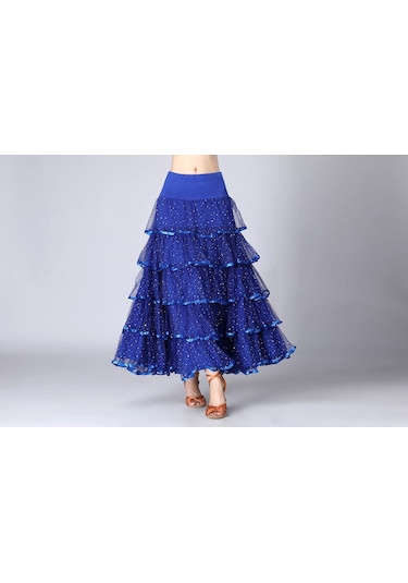 Sones Pullu Salıncak Modern Dans Uzun Etek Yarışma Kostümü Kraliyet Mavisi Saks Mavi