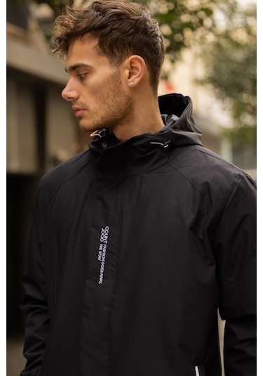 Yeast İçi Astarlı Suya Dayanıklı Kapşonlu Fermuarlı Yağmurluk - Siyah Siyah