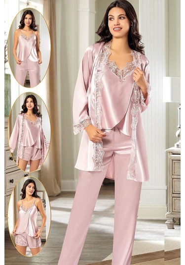Xses 2165 Kadın Saten Empirme Sabahlıklı 4'lü Pijama Takım-pudra Pudra