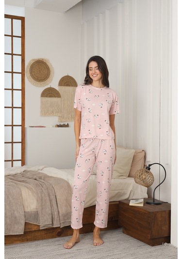 Kadın Yazlık Kısa Kol Penye Süprem Kumaş Pijama Takımı Pudra