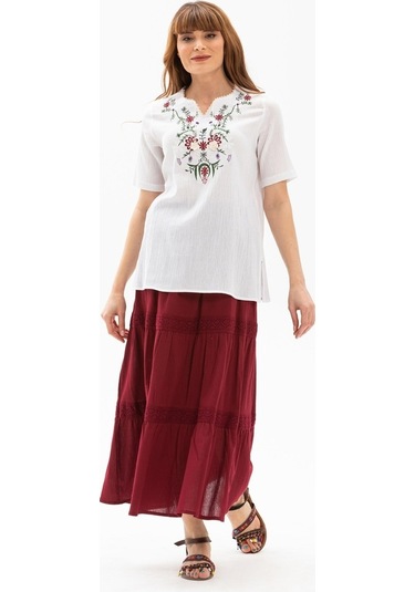 Uzun Şile Bezi Dantelli Etek Bordo Brd