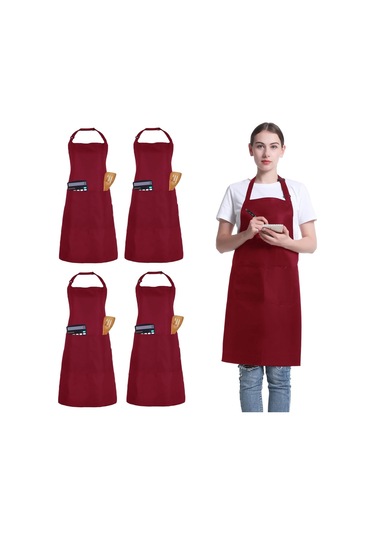 4 Paket Şef Önlüğü, 2 Cepli Ayarlanabilir Önlük, Unisex Kişisel Koyu Kırmızı, Diğer
