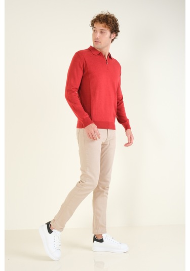 Giyim Dünyası Erkek Yarım Fermuarlı Polo Yaka Kazak Kırmızı 001