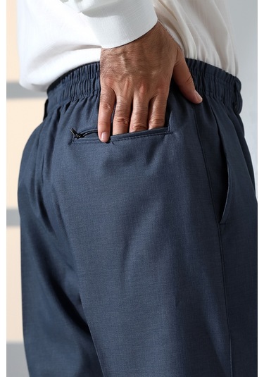 Erkek Rahat Kesim Beli Lastikli Cepli Hac Ve Umre Kumaş Şalvar Pantolon - Mavi İsr Mavi