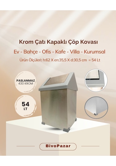 Krom Sallanır Çatı Kapaklı Çöp Kovası 54 Lt Krom