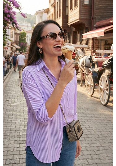 Lela Regular Fit Uzun Kollu Cepli Çizgili Bayan Gömlek 6772895 Lila
