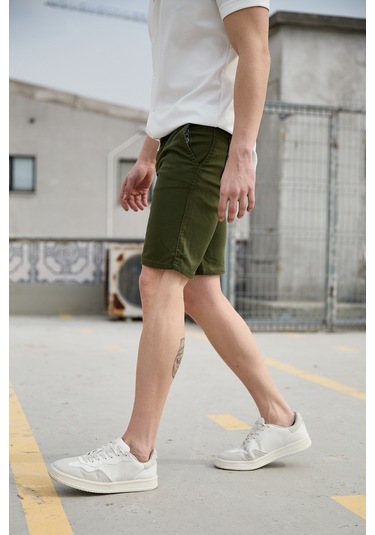 Koyu Yeşil Renk Chino Erkek Şort Koyu Yeşil