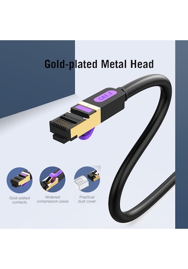 Springsun Vention Cat7 Sstp Ethernet Kablosu Altın Kaplamalı Twited Kablo Pvc Yumuşak Kablo Ofis Ev Net Bar Otel Siyah 1m