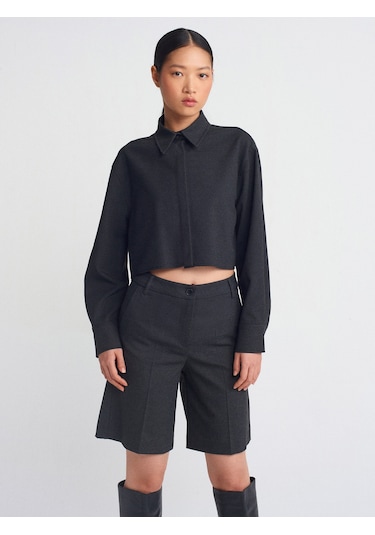 Dilvin 50491 Dökümlü Crop Gömlek Antrasit