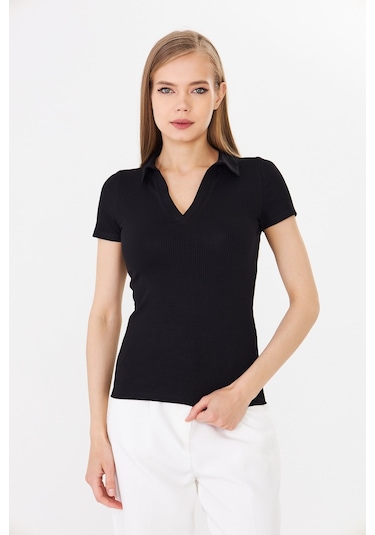 Hdm Kadın Siyah Polo Yaka Fitilli Günlük Bluz - H6038