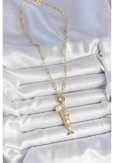 İnci Detaylı Zirkon Taşlı Balık Figürlü Gold Renk Pirinç Kolye Çok Renkli