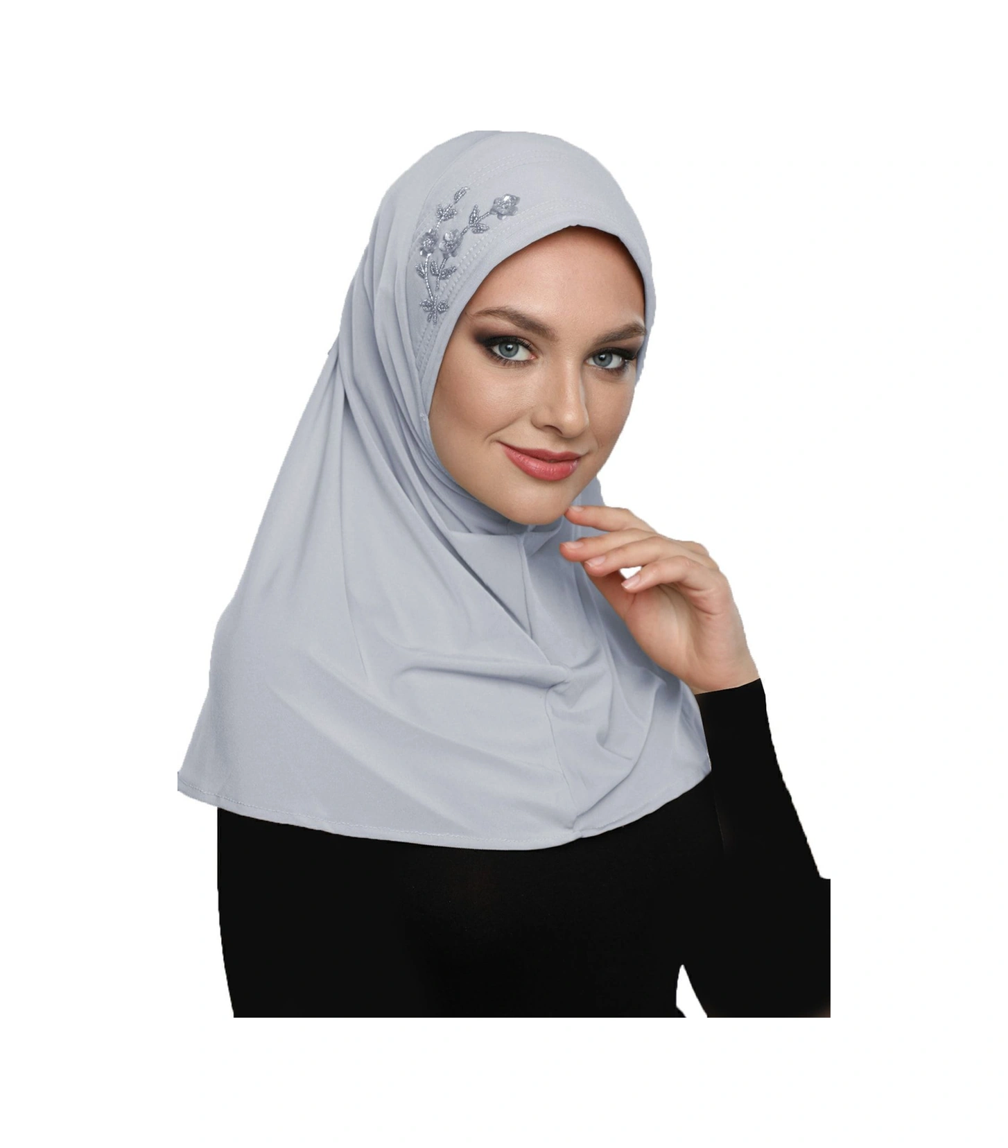 Takmatik Taşlı El Işi Boncuk Işlemeli Açık Gri Hazır Türban Tesettür Bone Namaz Örtüsü Açık Gri