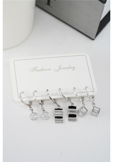 Kadın Zirkon Taşlı Sallantılı Kare Figürlü Klipsli 6'lı Küpe Seti Çok Renkli