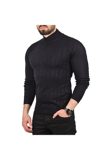 Deepsea Erkek Lacivert Çizgi Desenli Tüylenme Yapmayan Yarım Balıkçı Yaka Triko Kazak 2505501 Lacivert