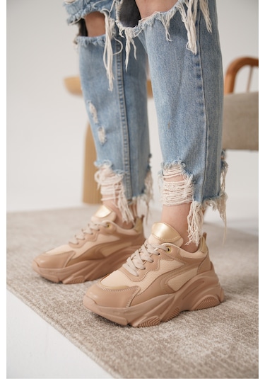 D383 Günlük Ortopedik Kadın Sneaker Spor Ayakkabı Bej