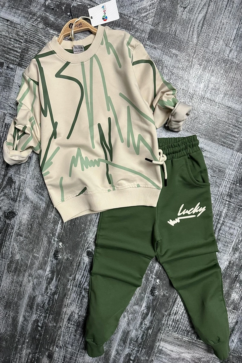 Çizgi Desenli Yeşil Renk Erkek Çocuk Eşofman Takım Yeşil